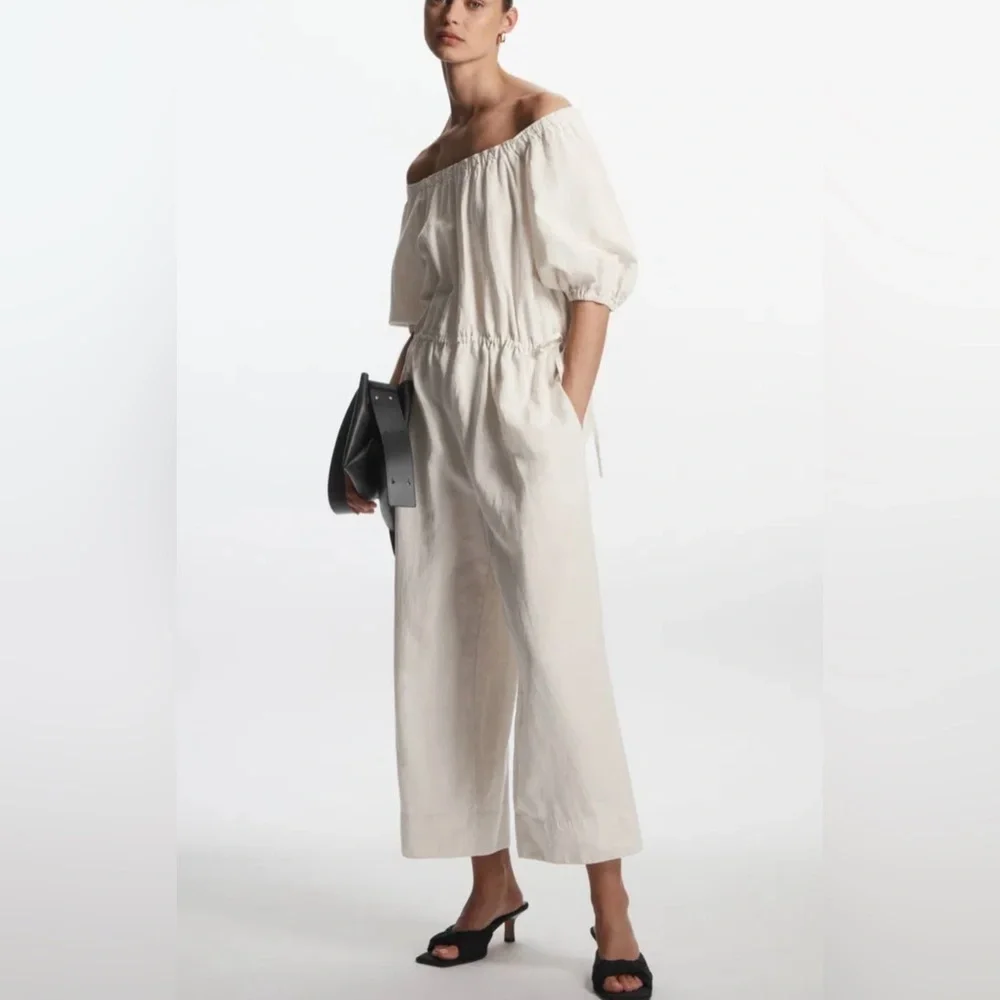 COS Puff-Sleeve Linen Blend Oversized Wide Leg Jumpsuit Sz L/XL Light Beige